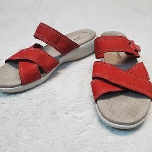 Clarks Red Casual Beachy Summer Classic Open Toe Slides Flat Sandals Women 9.5‎